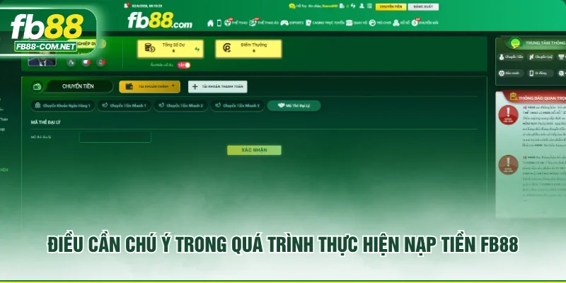 Điều cần chú ý trong quá trình thực hiện nạp tiền FB88